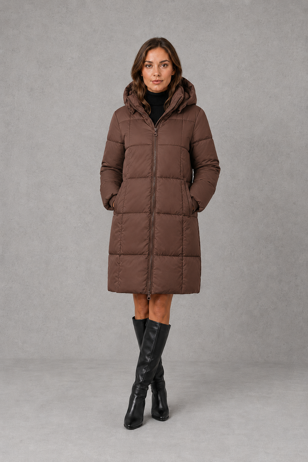 Women’s lightweight hooded puffer coat with quilted insulation, a structured hood and softly tailored silhouette for comfortable cold-weather wear.