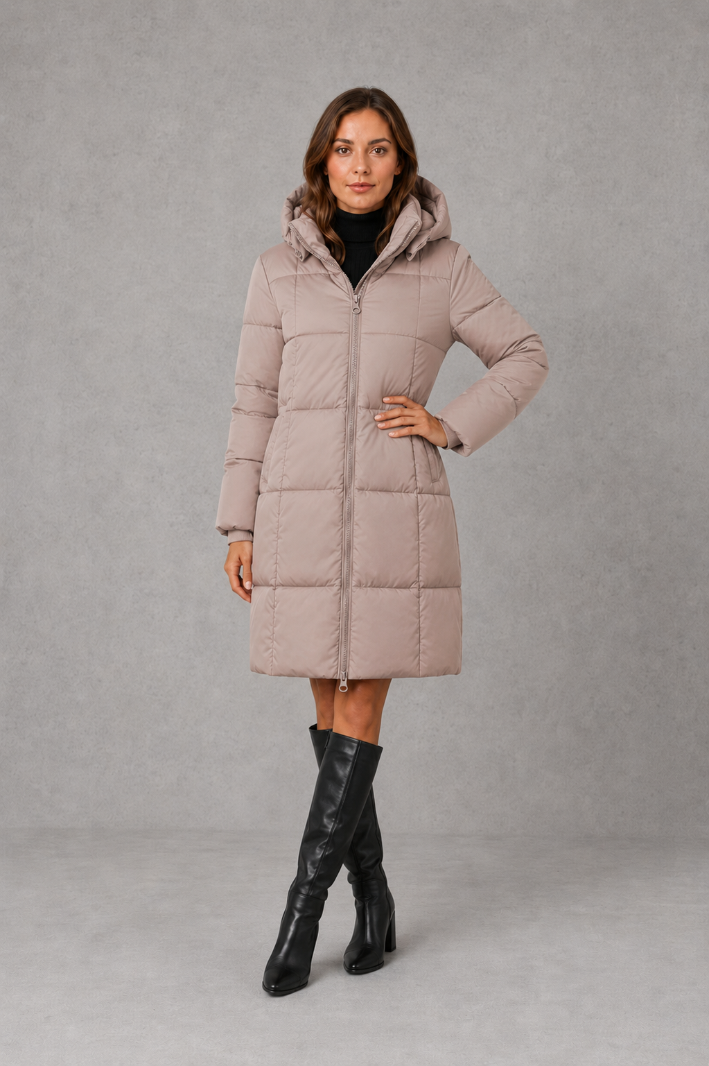 Women’s lightweight hooded puffer coat with quilted insulation, a structured hood and softly tailored silhouette for comfortable cold-weather wear.