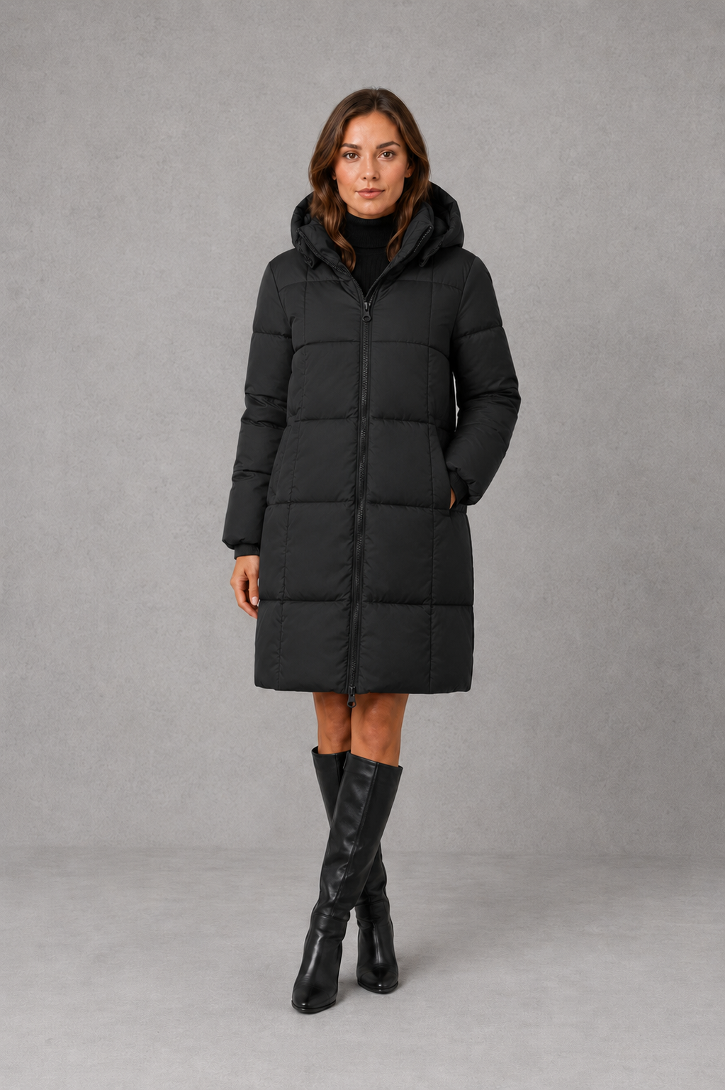 Women’s lightweight hooded puffer coat with quilted insulation, a structured hood and softly tailored silhouette for comfortable cold-weather wear.