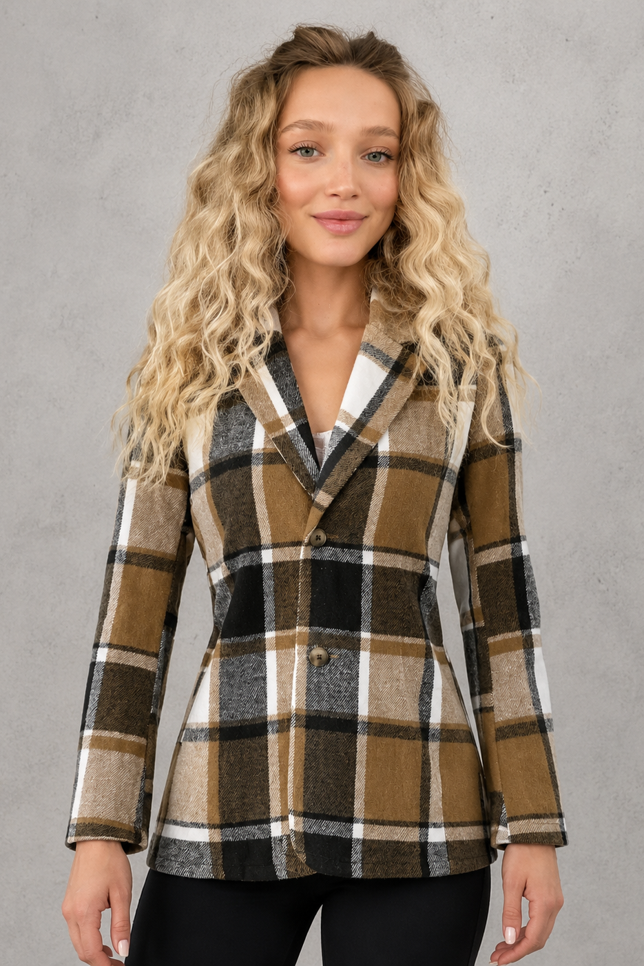 Women’s lightweight tailored blazer with a clean open-front design, long sleeves, relaxed fit, and flattering draped silhouette.