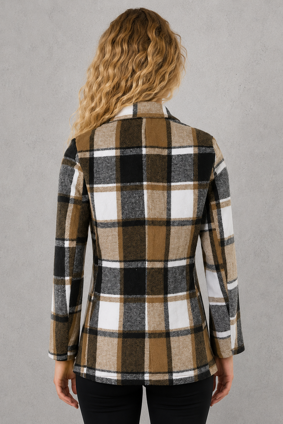 Women’s lightweight tailored blazer with a clean open-front design, long sleeves, relaxed fit, and flattering draped silhouette.