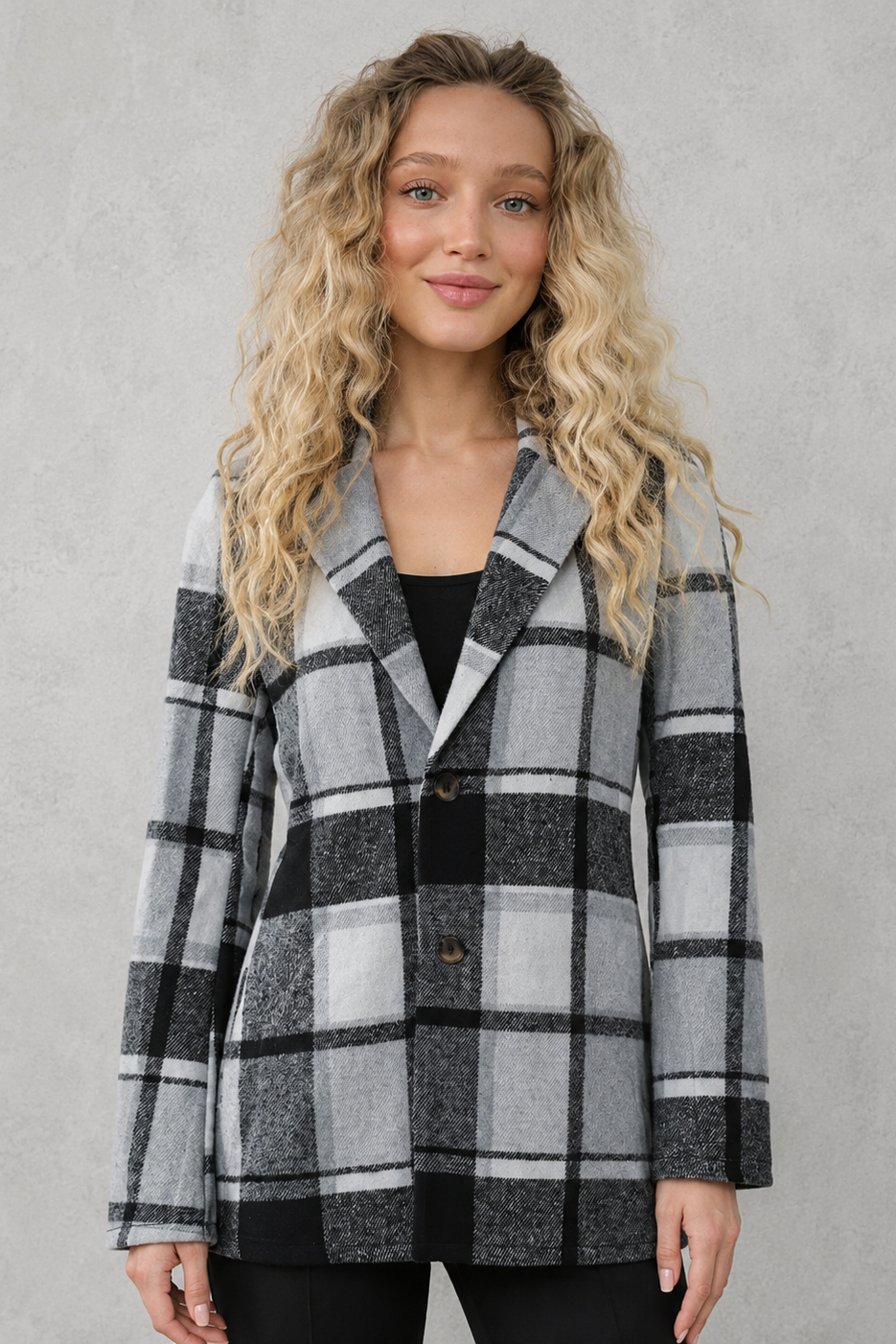 Women’s lightweight tailored blazer with a clean open-front design, long sleeves, relaxed fit, and flattering draped silhouette.