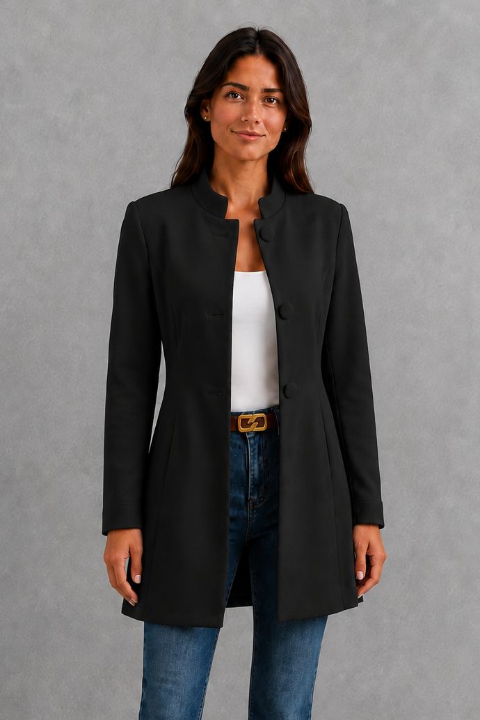 Women’s lightweight tailored blazer with a streamlined silhouette, soft flowing fabric, regular fit, and clean minimalist design for professional styling.