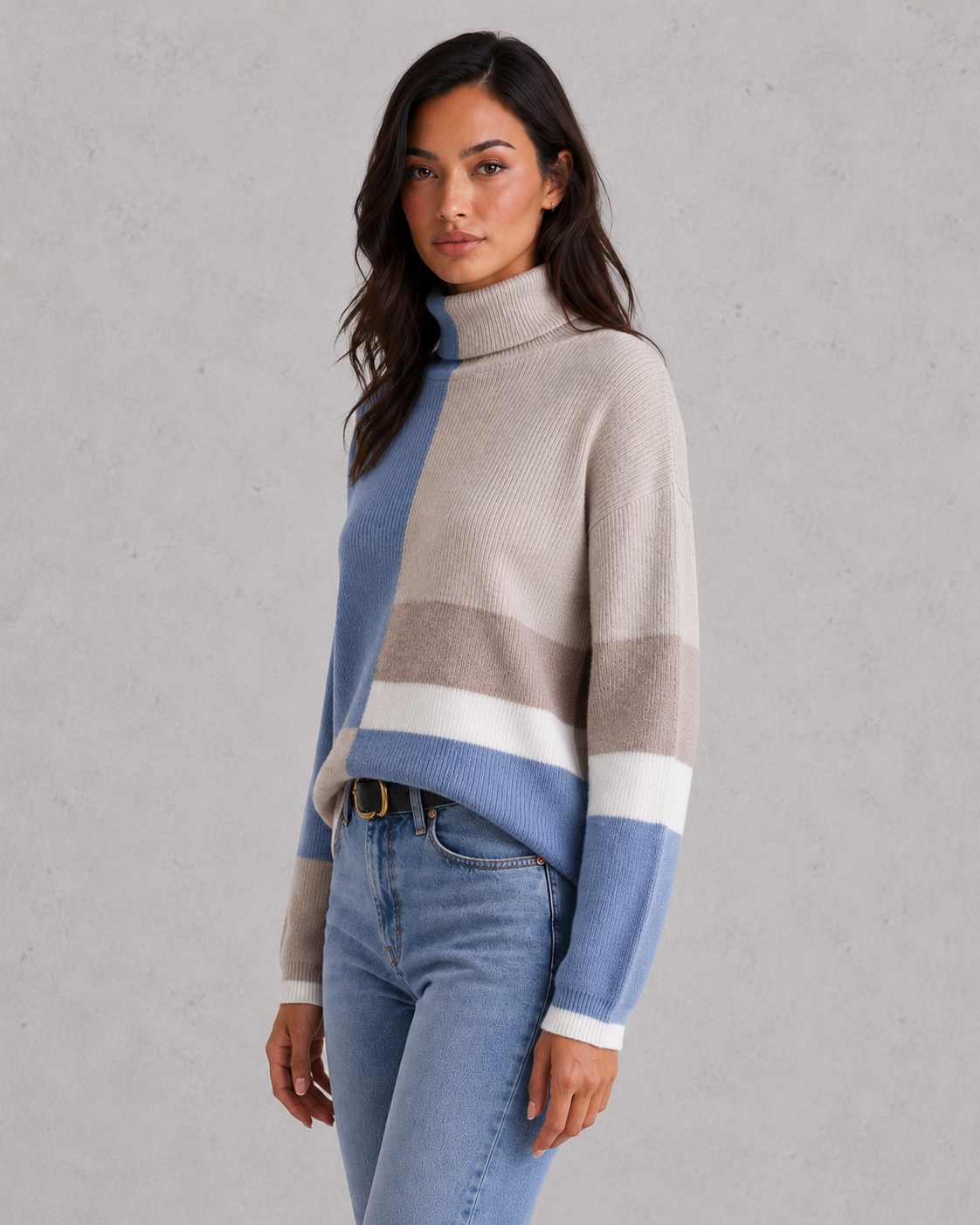 Women's lightweight turtleneck sweater in a soft, breathable knit with a streamlined, feminine silhouette. The minimalist design features a classic turtleneck neckline, long sleeves, and a polished drape that skims the body comfortably. Styled as a versatile wardrobe staple, suitable for layering under blazers or pairing with tailored trousers for an elegant everyday look.