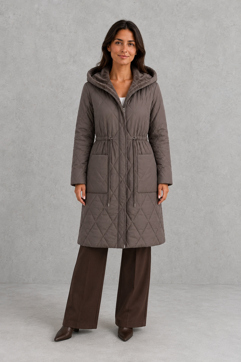 Women’s long quilted puffer coat with diamond stitching, a plush faux fur collar, adjustable drawstring waist and practical front pockets.