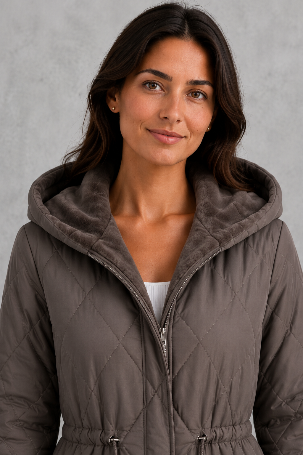 Women’s long quilted puffer coat with diamond stitching, a plush faux fur collar, adjustable drawstring waist and practical front pockets.