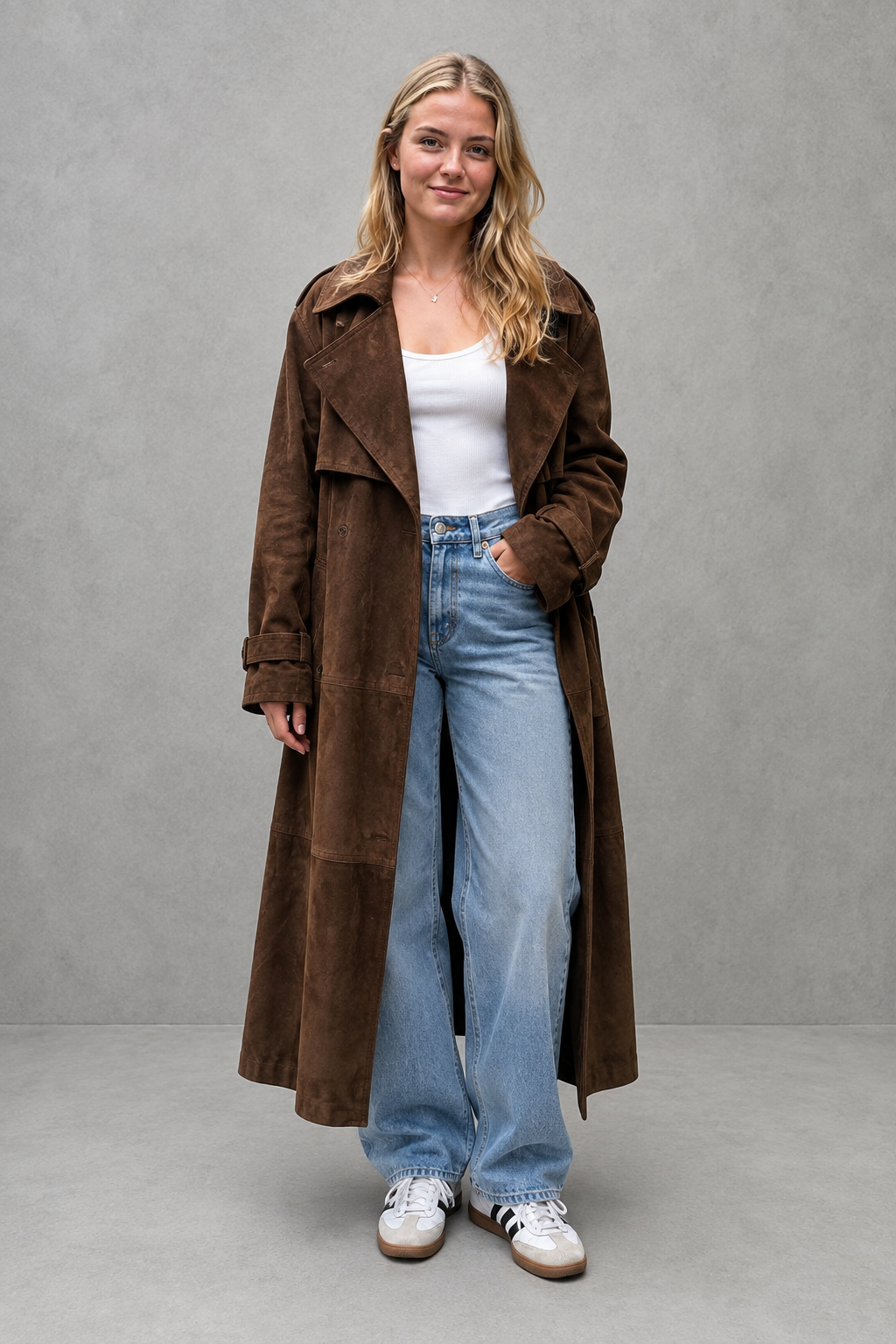 Women’s long velvet trench coat with a soft textured finish, adjustable matching waist belt, elegant longline silhouette, and tailored trench-inspired design.