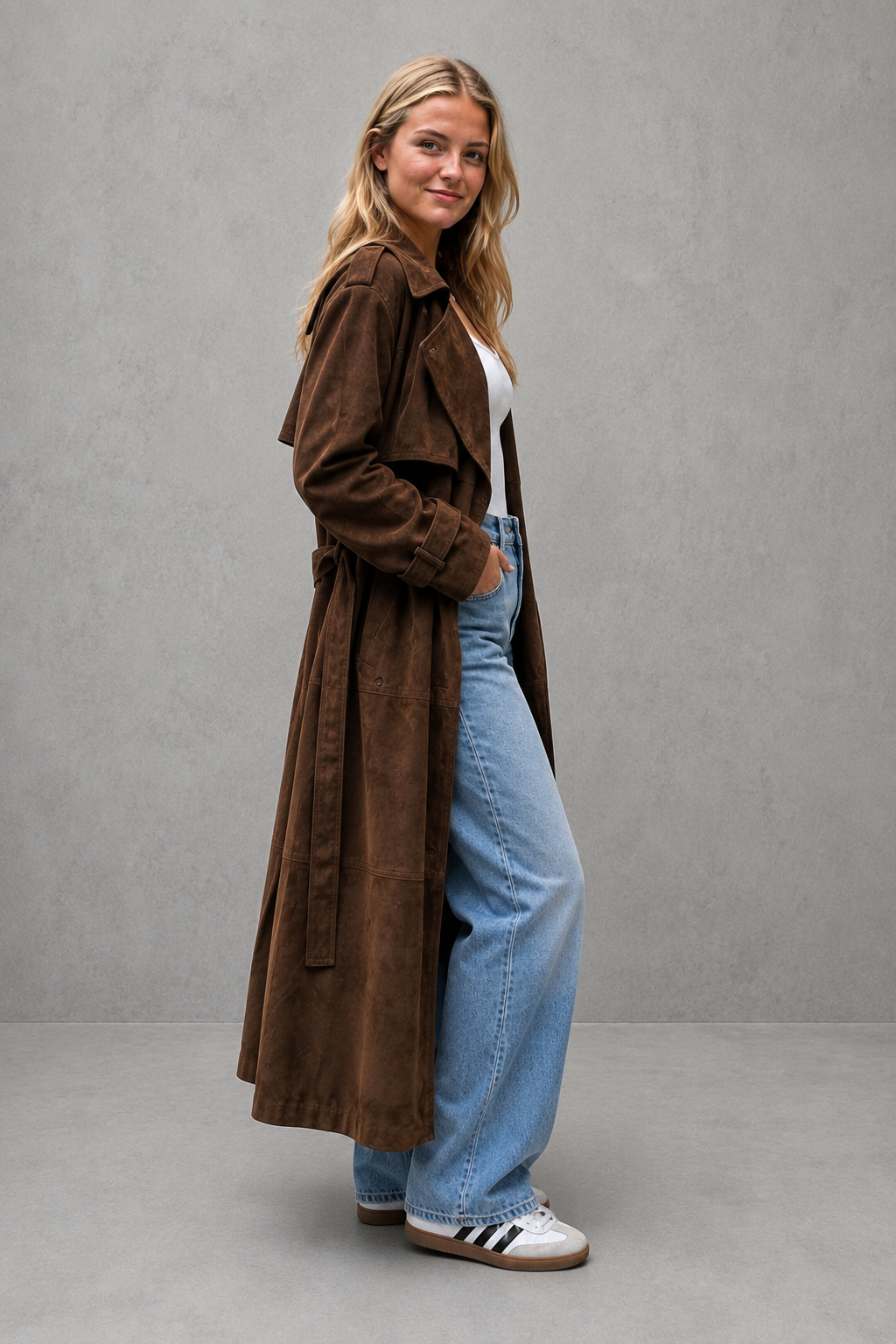 Women’s long velvet trench coat with a soft textured finish, adjustable matching waist belt, elegant longline silhouette, and tailored trench-inspired design.