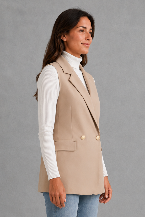 Women’s coffee brown longline blazer vest with notched lapels, a four-button double-breasted front, defined waist and hip flap pockets.