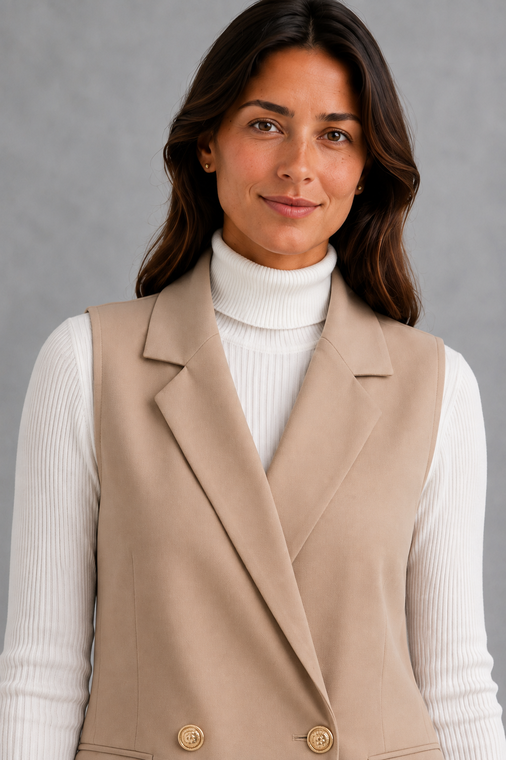 Women’s coffee brown longline blazer vest with notched lapels, a four-button double-breasted front, defined waist and hip flap pockets.