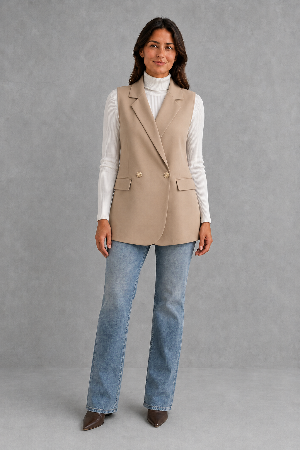 Women’s coffee brown longline blazer vest with notched lapels, a four-button double-breasted front, defined waist and hip flap pockets.