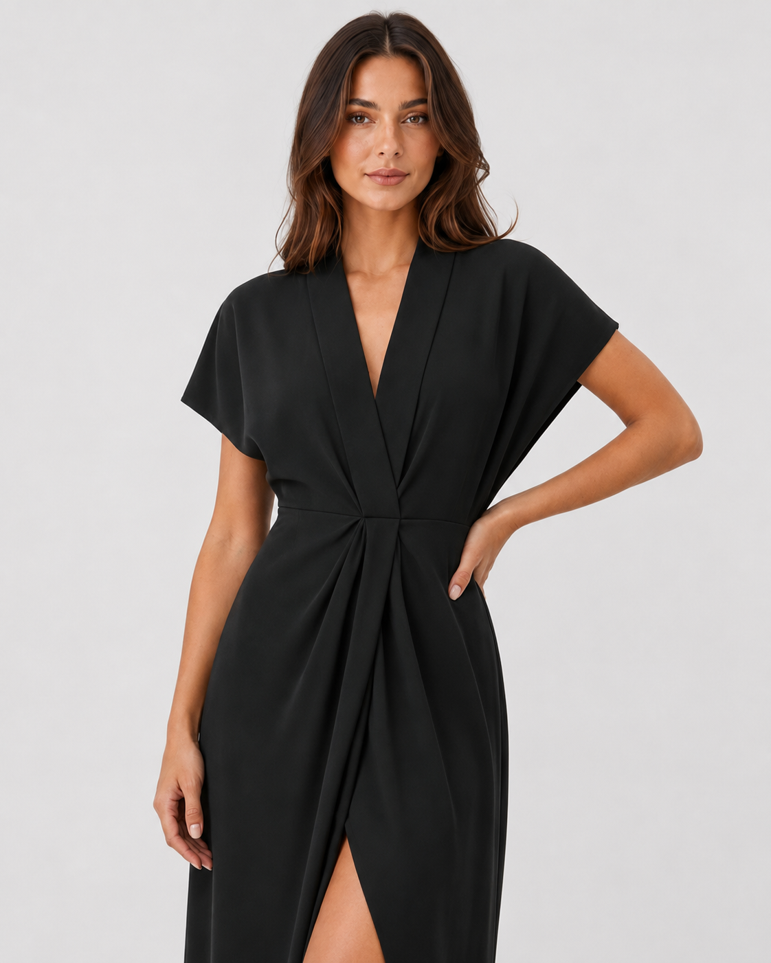 Women's luxe wrap midi dress in premium soft fabric with a flattering wrap silhouette that cinches the waist and flows gracefully below the knee, creating an elegant and sophisticated look for special occasions or everyday wear.
