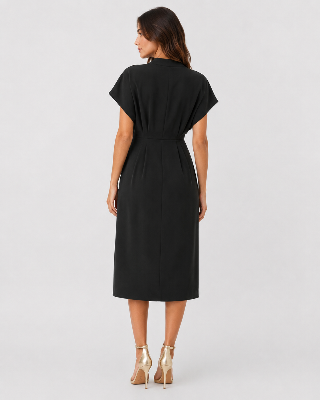 Women's luxe wrap midi dress in premium soft fabric with a flattering wrap silhouette that cinches the waist and flows gracefully below the knee, creating an elegant and sophisticated look for special occasions or everyday wear.