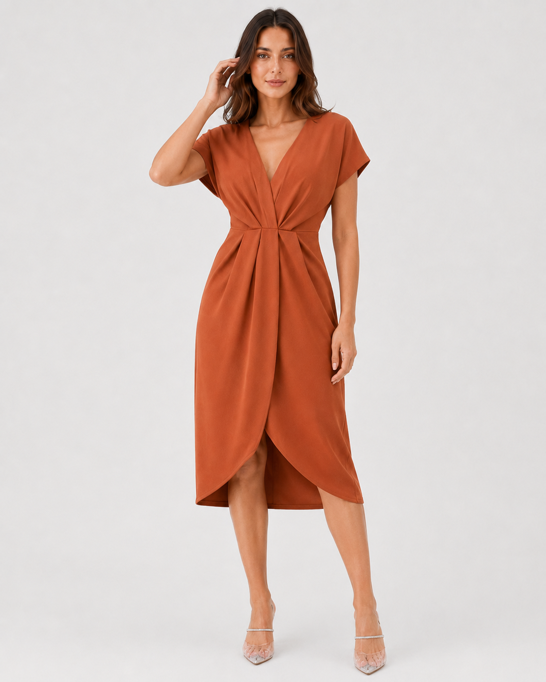 Women's luxe wrap midi dress in premium soft fabric with a flattering wrap silhouette that cinches the waist and flows gracefully below the knee, creating an elegant and sophisticated look for special occasions or everyday wear.