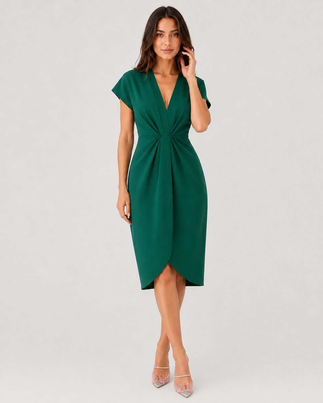 Women's luxe wrap midi dress in premium soft fabric with a flattering wrap silhouette that cinches the waist and flows gracefully below the knee, creating an elegant and sophisticated look for special occasions or everyday wear.
