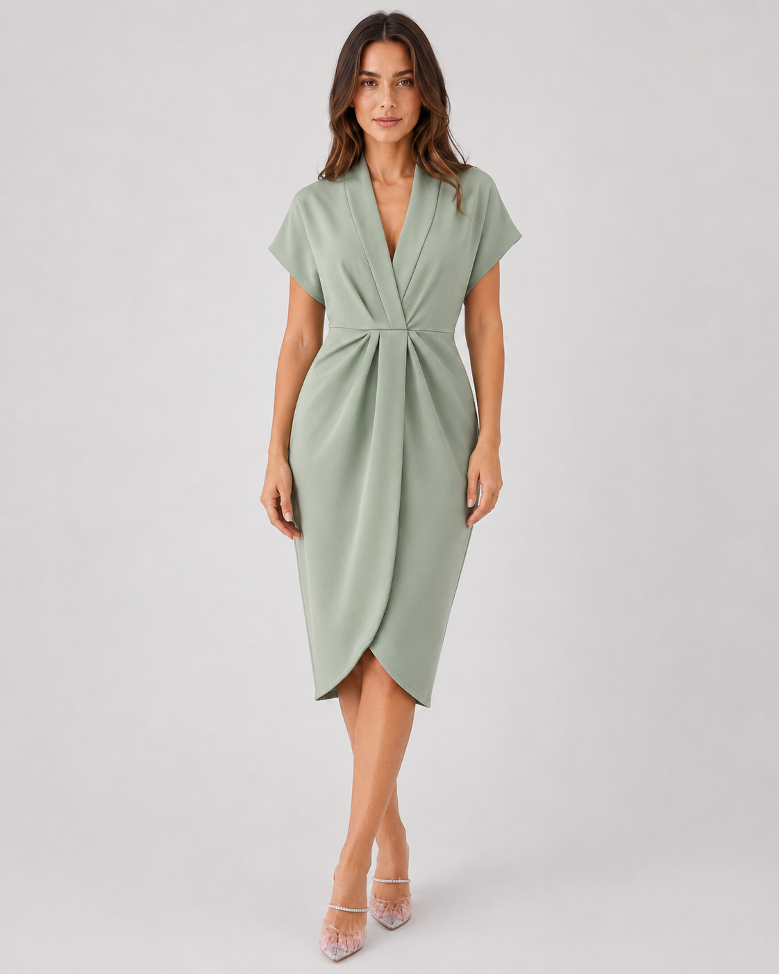 Women's luxe wrap midi dress in premium soft fabric with a flattering wrap silhouette that cinches the waist and flows gracefully below the knee, creating an elegant and sophisticated look for special occasions or everyday wear.