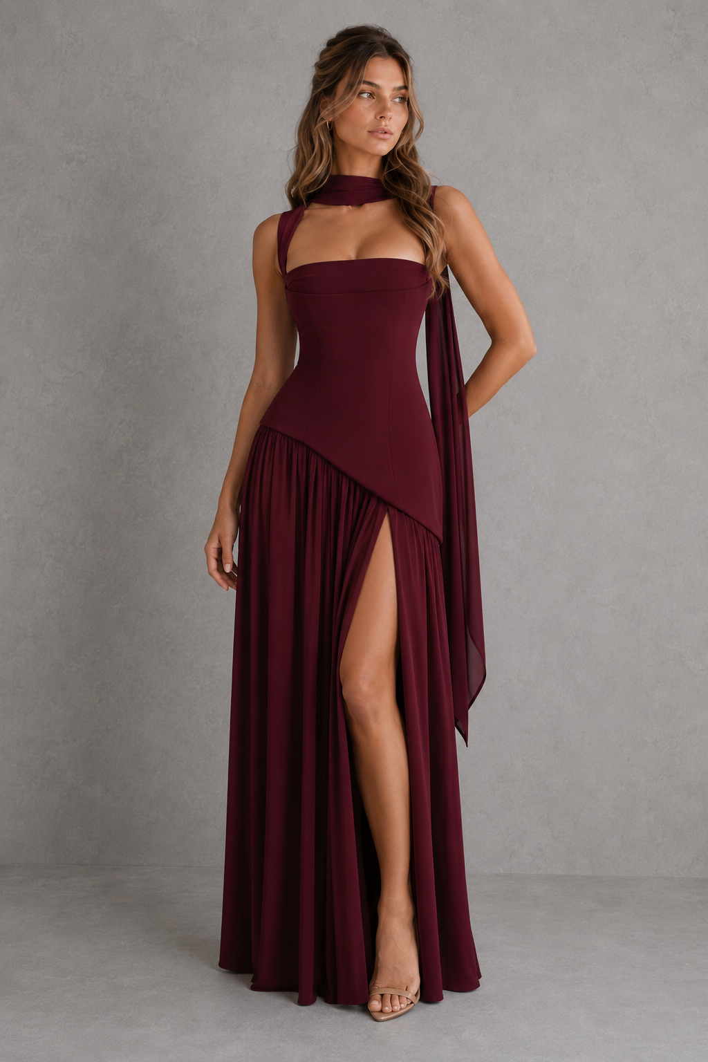 Women's satin-feel maxi dress featuring a sculpted bodice, asymmetric draped skirt, and elegant side split, designed for weddings, evening events, and formal occasions.