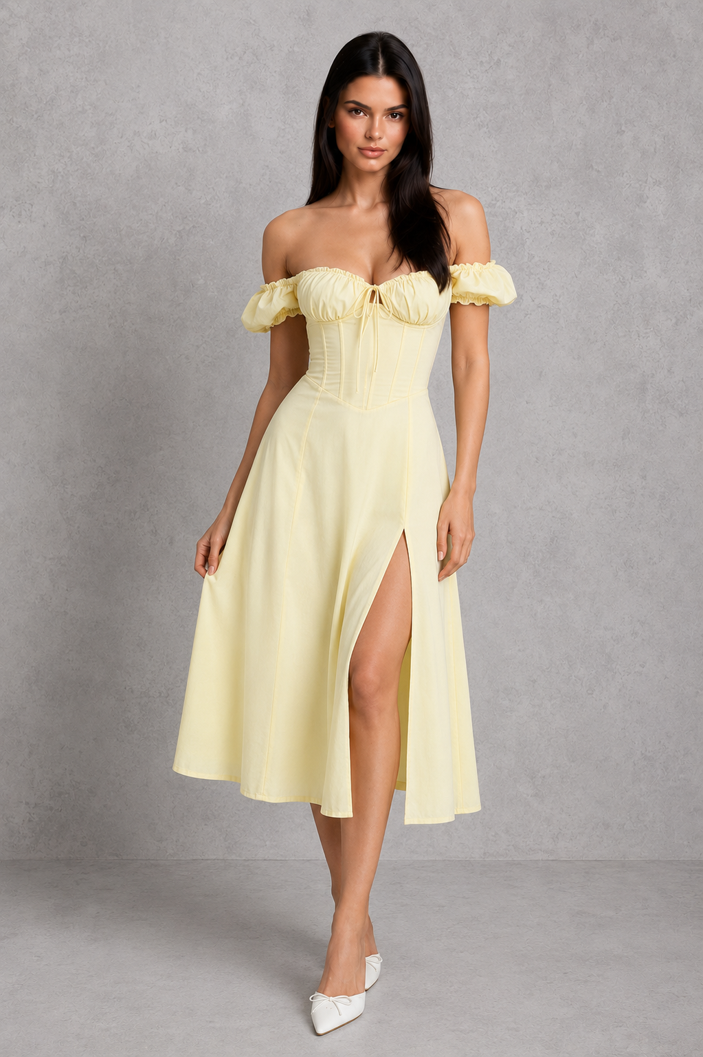 Elegant milkmaid midi dress in a premium cotton blend featuring a structured corset bodice with boning, underwired bust, elasticated puff sleeves, a flowing full skirt, and a thigh-high split. Designed with a shirred lace-up back for a flattering, feminine silhouette perfect for special occasions.