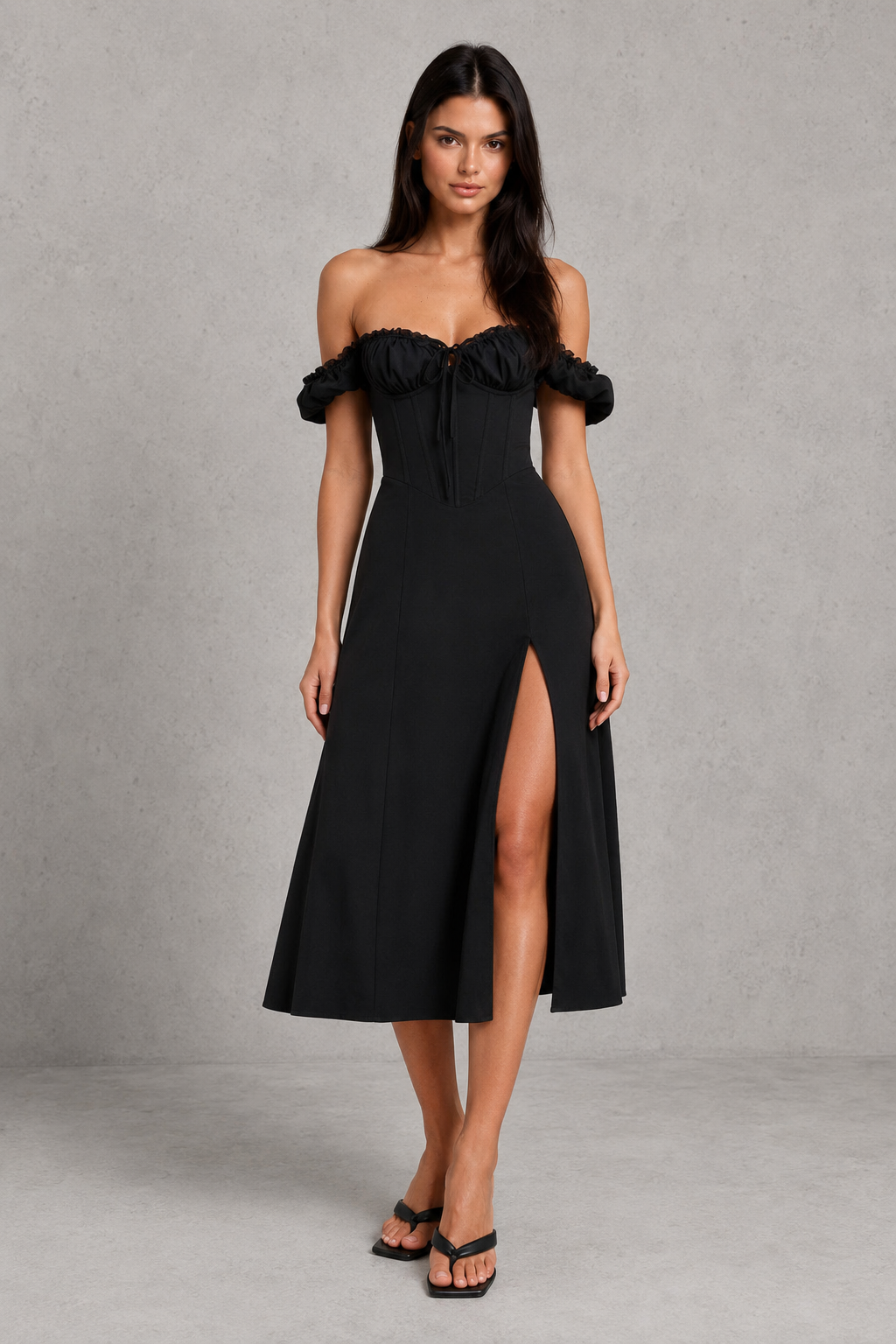 Elegant milkmaid midi dress in a premium cotton blend featuring a structured corset bodice with boning, underwired bust, elasticated puff sleeves, a flowing full skirt, and a thigh-high split. Designed with a shirred lace-up back for a flattering, feminine silhouette perfect for special occasions.