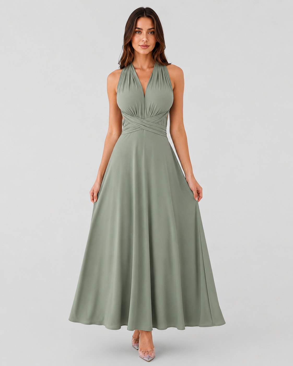 Women's convertible multiway maxi dress with adjustable wrap-style straps, flowing full-length silhouette, and versatile design that can be styled in multiple ways for formal events, celebrations, and special occasions.