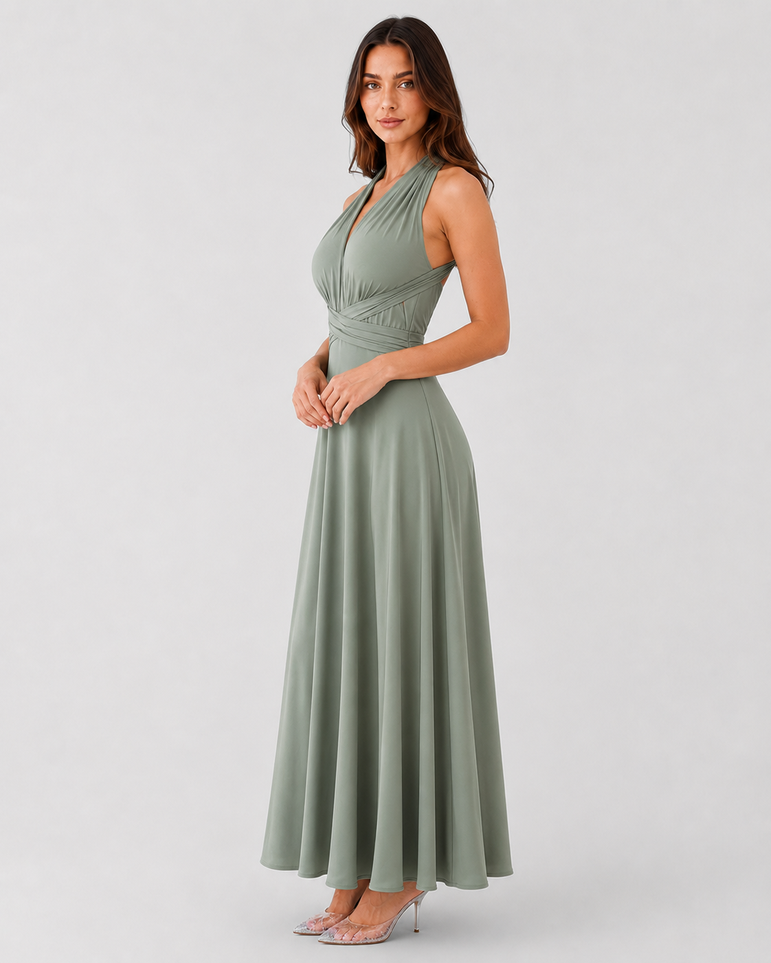 Women's convertible multiway maxi dress with adjustable wrap-style straps, flowing full-length silhouette, and versatile design that can be styled in multiple ways for formal events, celebrations, and special occasions.