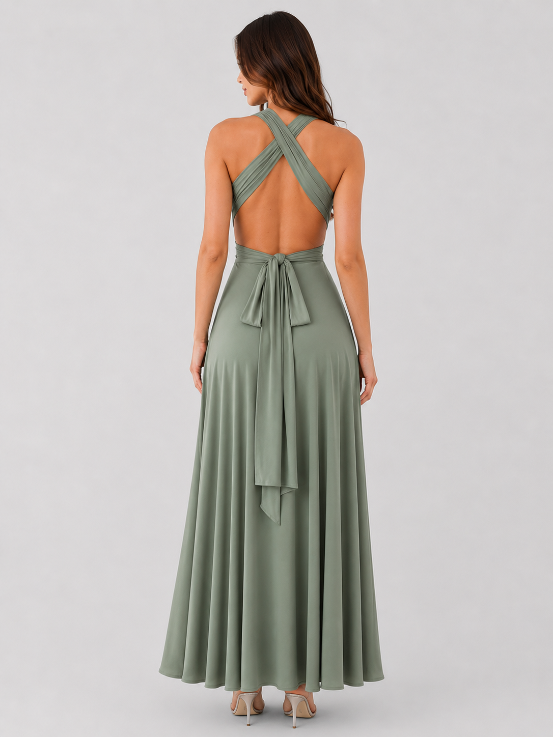 Women's convertible multiway maxi dress with adjustable wrap-style straps, flowing full-length silhouette, and versatile design that can be styled in multiple ways for formal events, celebrations, and special occasions.