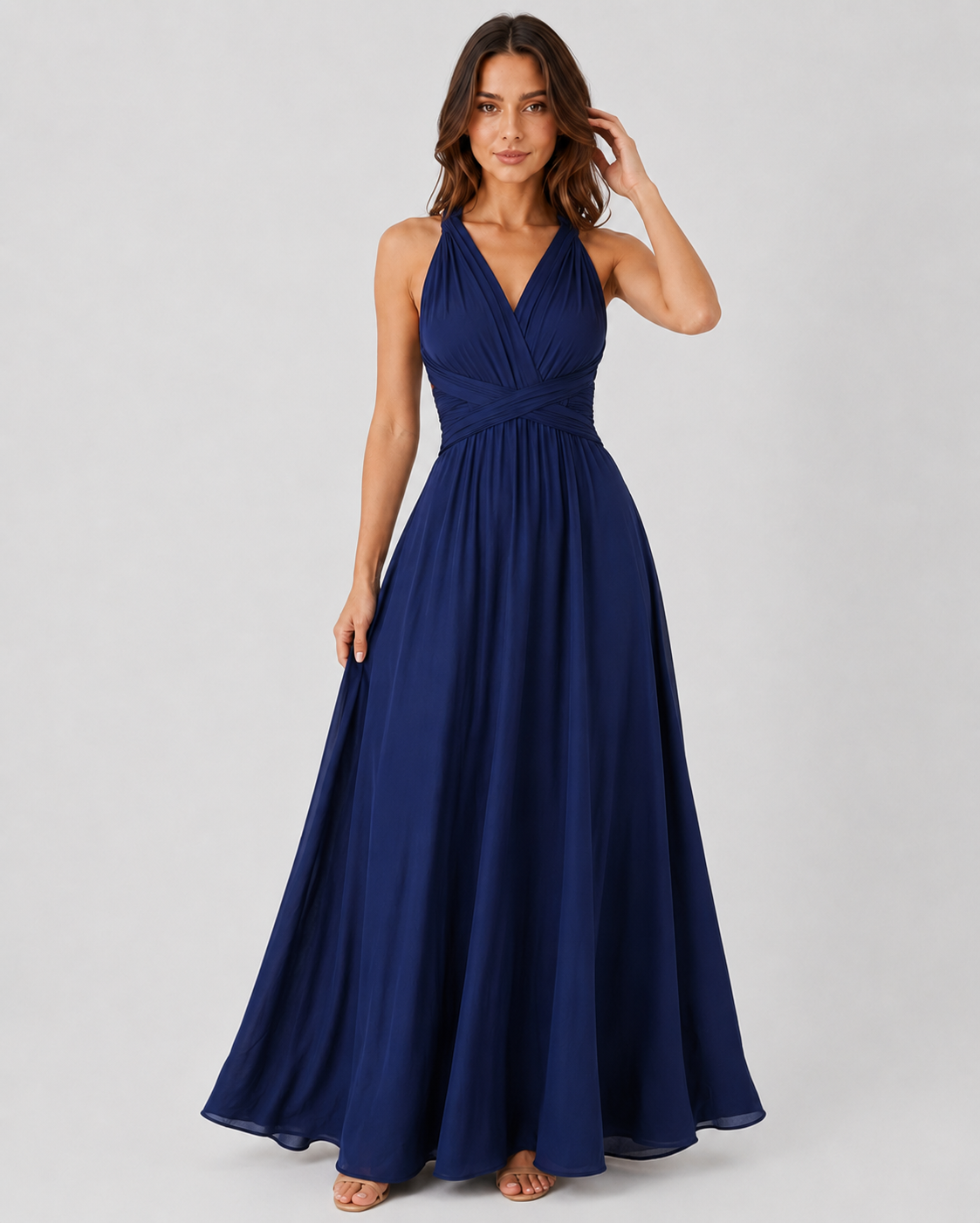 Women's convertible multiway maxi dress with adjustable wrap-style straps, flowing full-length silhouette, and versatile design that can be styled in multiple ways for formal events, celebrations, and special occasions.