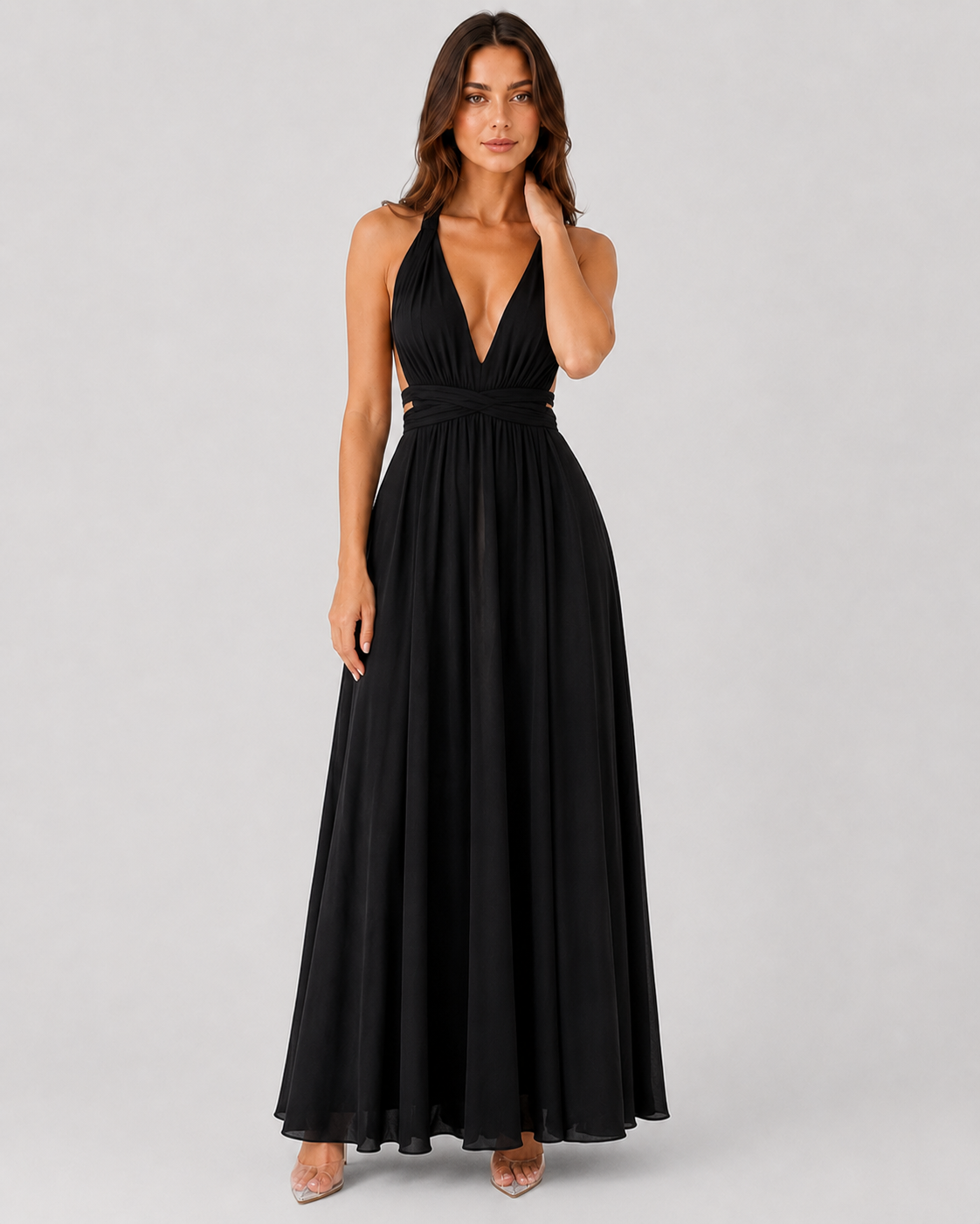 Women's convertible multiway maxi dress with adjustable wrap-style straps, flowing full-length silhouette, and versatile design that can be styled in multiple ways for formal events, celebrations, and special occasions.