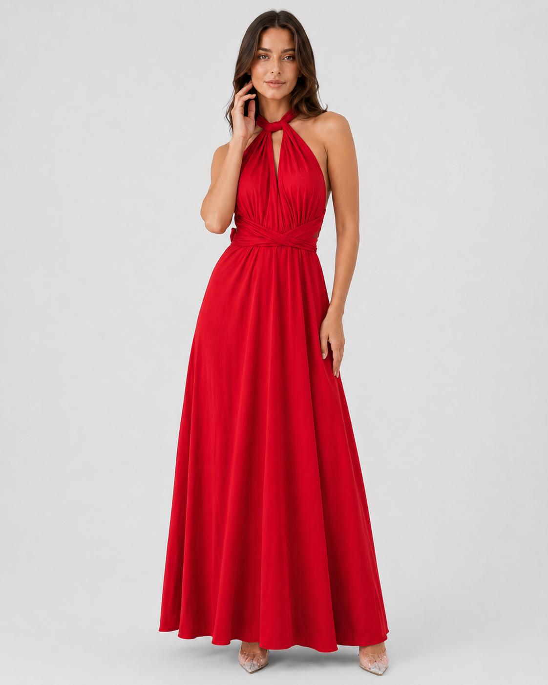 Women's convertible multiway maxi dress with adjustable wrap-style straps, flowing full-length silhouette, and versatile design that can be styled in multiple ways for formal events, celebrations, and special occasions.