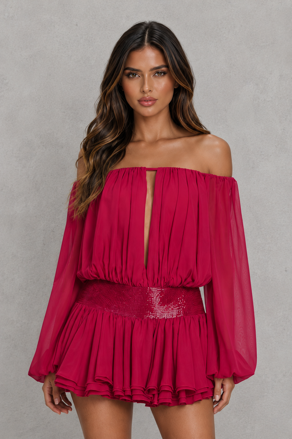 Women's Bardot chiffon playsuit with off-shoulder neckline, balloon sleeves, embellished waist, layered skirt overlay, and built-in shorts.