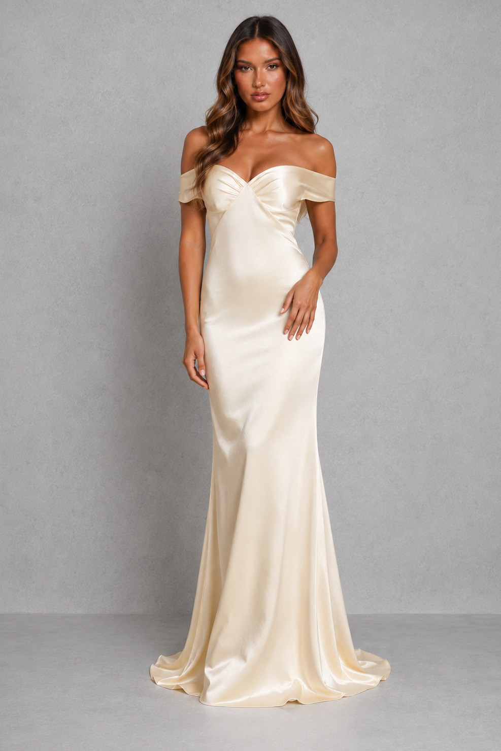 Women’s off shoulder satin maxi dress with a draped neckline, figure-enhancing silhouette and flowing full-length skirt for formal occasions.