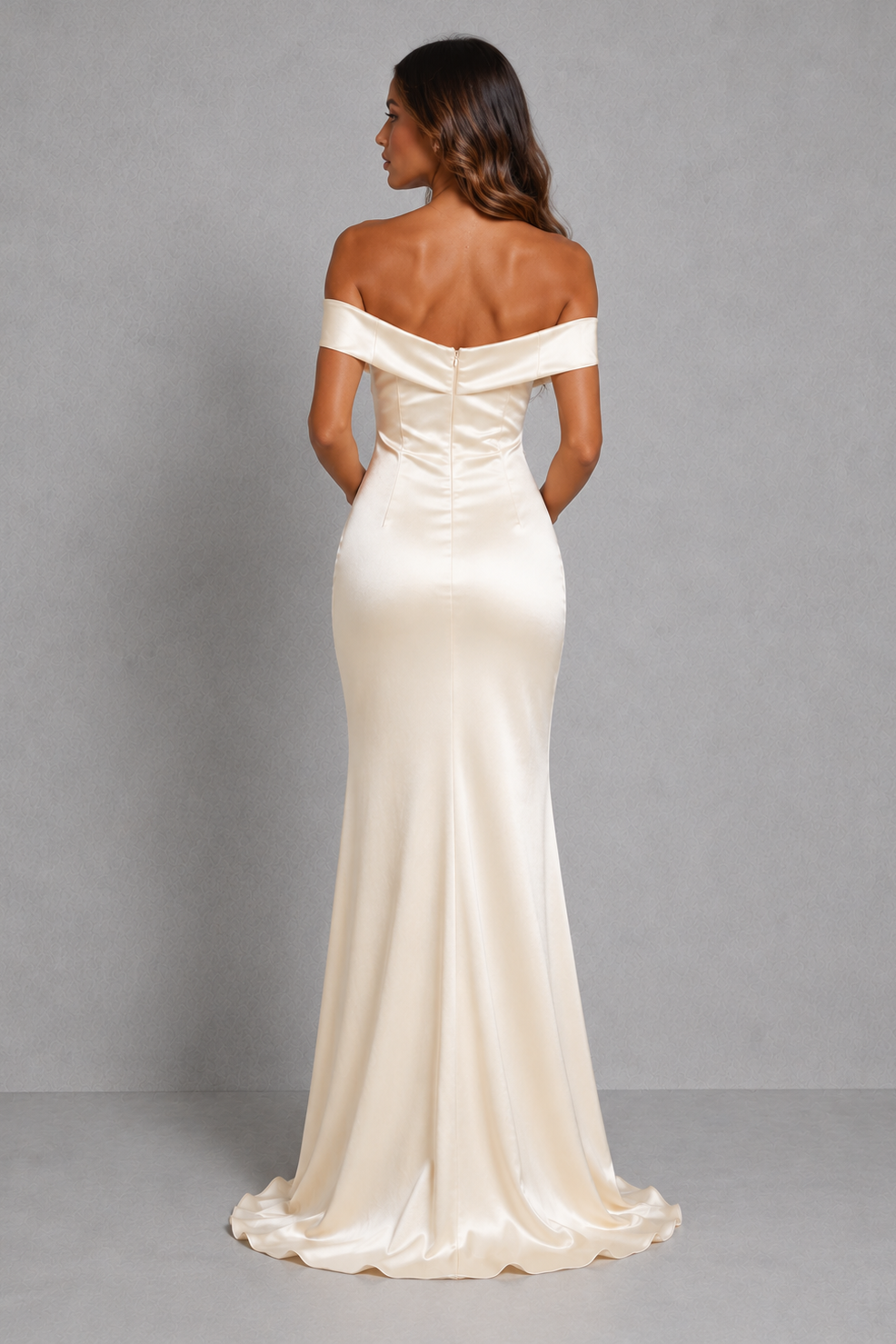 Women’s off shoulder satin maxi dress with a draped neckline, figure-enhancing silhouette and flowing full-length skirt for formal occasions.