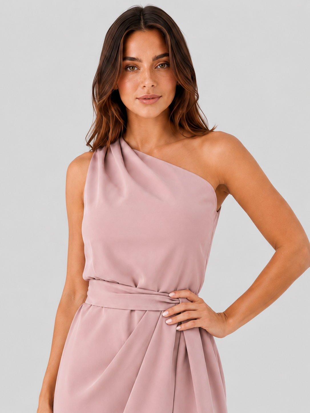 Shop the Women’s One-Shoulder Dress with Waistband featuring an elegant asymmetrical design, flattering waistband, and comfortable fit. Perfect for weddings, galas, and cocktail parties. Sizes S–2XL.