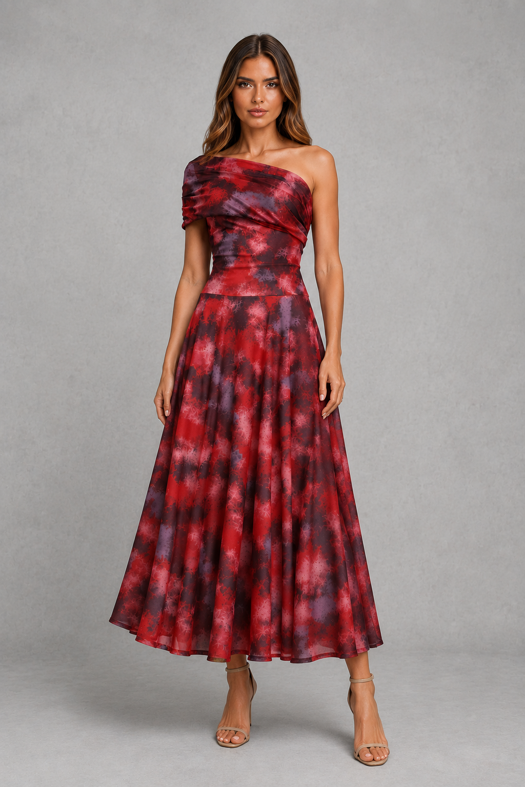 Women’s one-shoulder maxi dress with draped neckline and abstract burgundy and rose print, featuring a fitted waist and flowing full-length skirt.