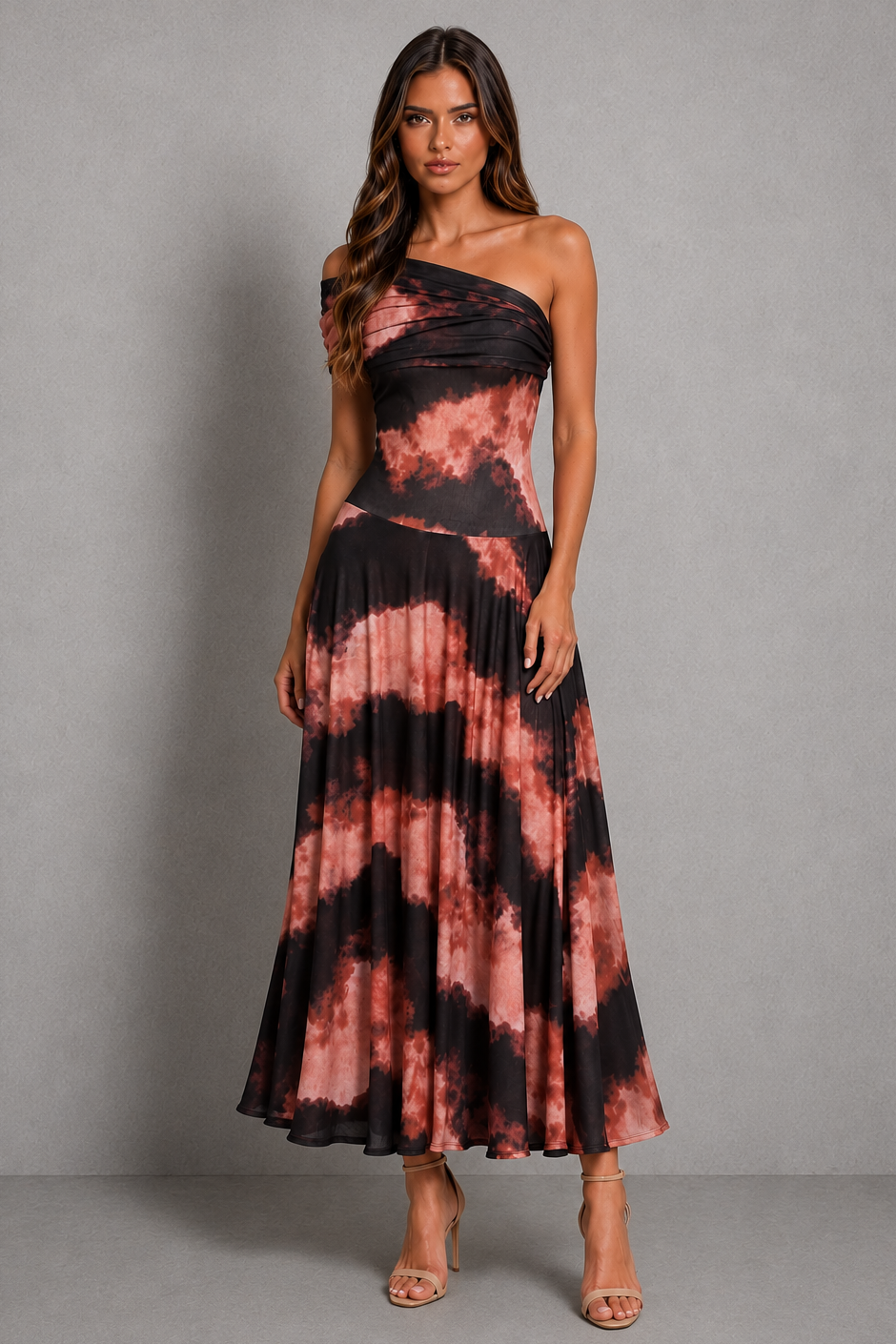 Women’s one-shoulder maxi dress with draped neckline and abstract burgundy and rose print, featuring a fitted waist and flowing full-length skirt.