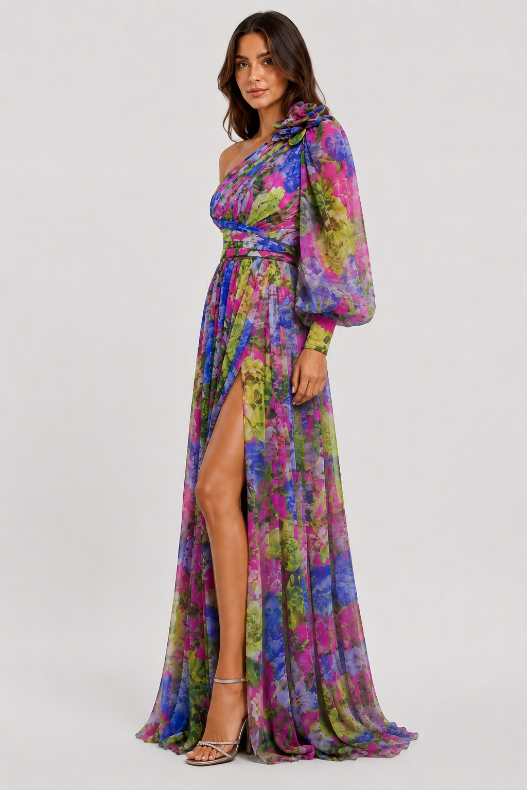 Women wearing Klyne Studios one shoulder floral midi dress with a flowy relaxed fit, lightweight breathable fabric, asymmetrical neckline, and elegant floral print for warm-weather events and casual outings.