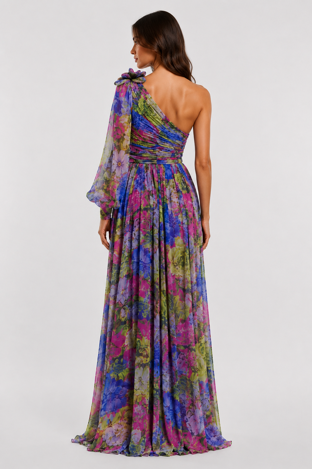 Women wearing Klyne Studios one shoulder floral midi dress with a flowy relaxed fit, lightweight breathable fabric, asymmetrical neckline, and elegant floral print for warm-weather events and casual outings.
