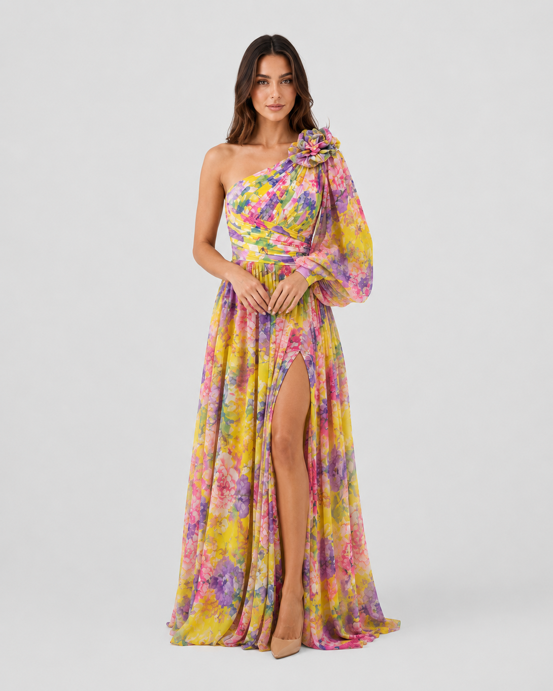 Women wearing Klyne Studios one shoulder floral midi dress with a flowy relaxed fit, lightweight breathable fabric, asymmetrical neckline, and elegant floral print for warm-weather events and casual outings.