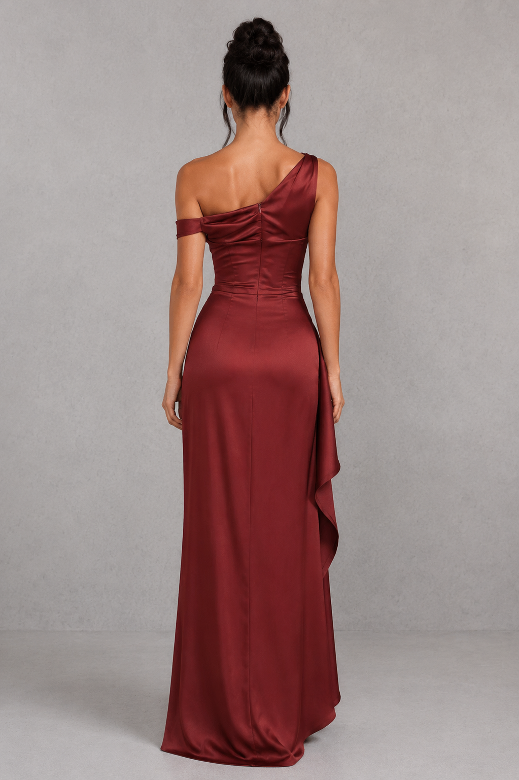 Women's one-shoulder satin maxi dress with a built-in corset bodice, asymmetric neckline, gathered waist detailing, elegant side drape, and thigh-high split. Designed in a bias-cut silhouette for a flattering, flowing fit ideal for evening events, formal occasions, and special celebrations.