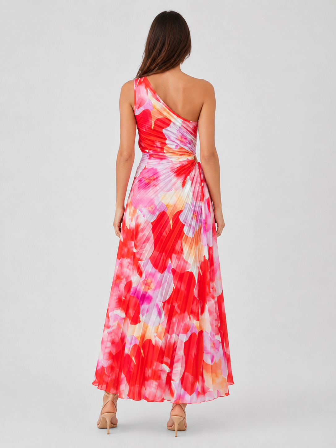 Women's one shoulder pleated asymmetrical maxi dress with a flowy silhouette, lightweight fabric, and elegant draped design, ideal for summer events, holidays, dinners, and special occasions.