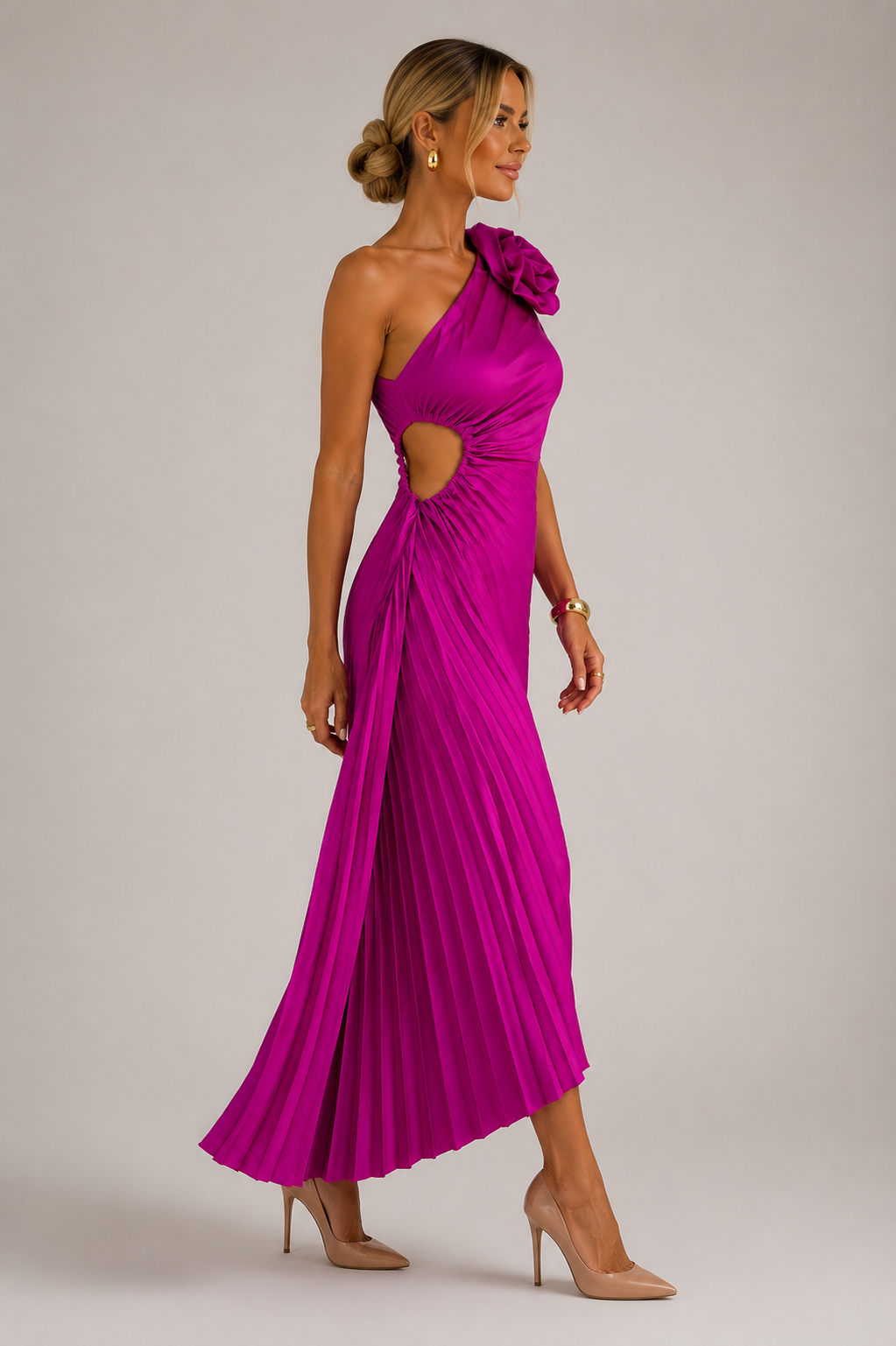 Women's one shoulder pleated maxi cocktail dress featuring an asymmetrical neckline, flowing silhouette, and lightweight pleated fabric for elegant movement and versatile occasion wear.