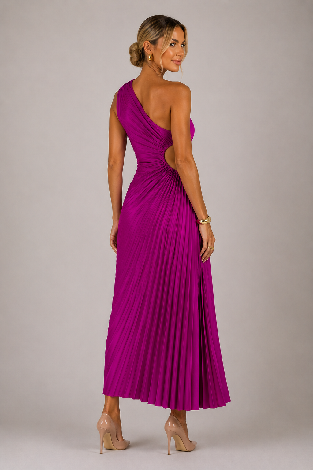Women's one shoulder pleated maxi cocktail dress featuring an asymmetrical neckline, flowing silhouette, and lightweight pleated fabric for elegant movement and versatile occasion wear.