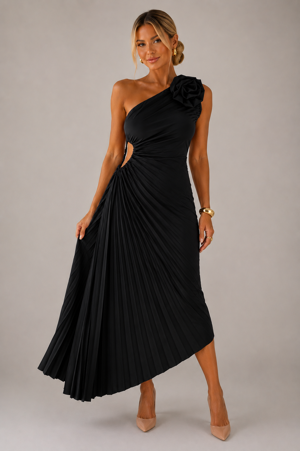 Women's one shoulder pleated maxi cocktail dress featuring an asymmetrical neckline, flowing silhouette, and lightweight pleated fabric for elegant movement and versatile occasion wear.