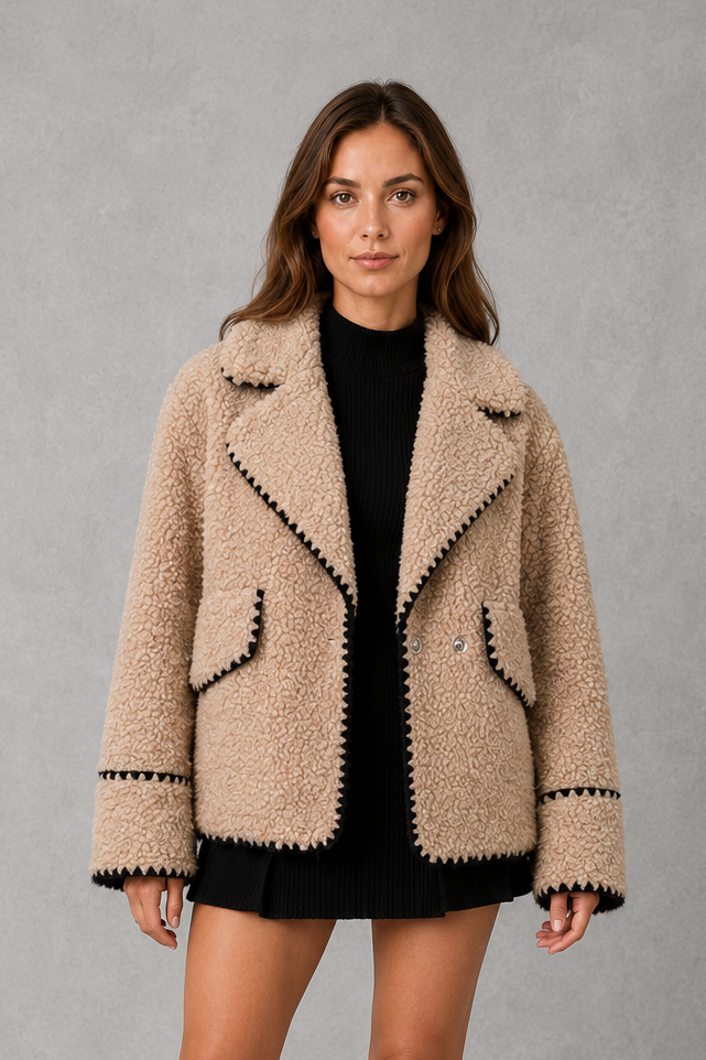 Women’s open-front sherpa fleece jacket with a soft teddy-style texture, turn-down collar, relaxed fit, and subtle contrast detailing.