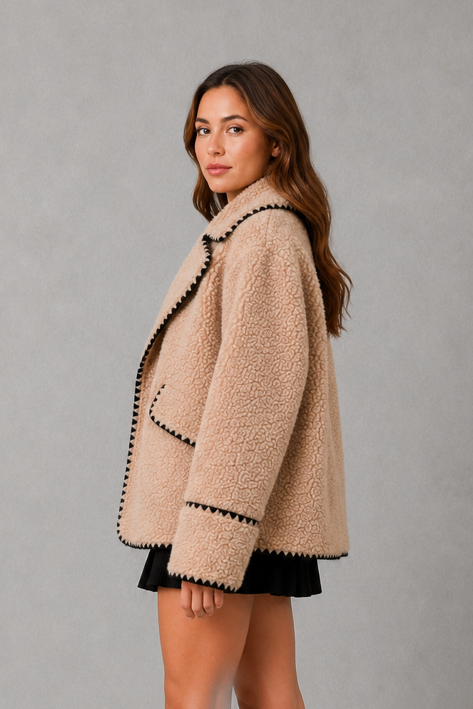 Women’s open-front sherpa fleece jacket with a soft teddy-style texture, turn-down collar, relaxed fit, and subtle contrast detailing.