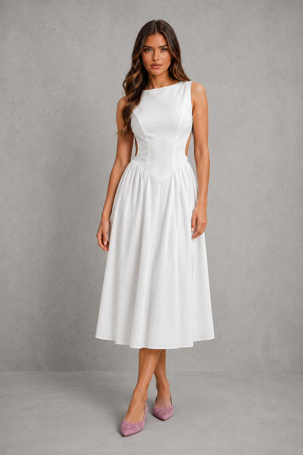 Women’s elegant open-back midi dress with sleeveless fitted bodice, round neckline and flowing A-line skirt for weddings and evening wear.