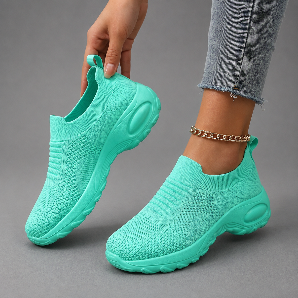Women’s orthopedic slip-on sneakers with a breathable stretch-knit upper, cushioned footbed and thick lightweight shock-absorbing sole.