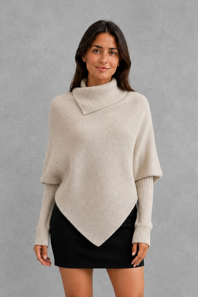 Women’s burgundy oversized batwing sweater with a cozy high neck, long relaxed sleeves, rib-knit texture and modern asymmetrical split hem.