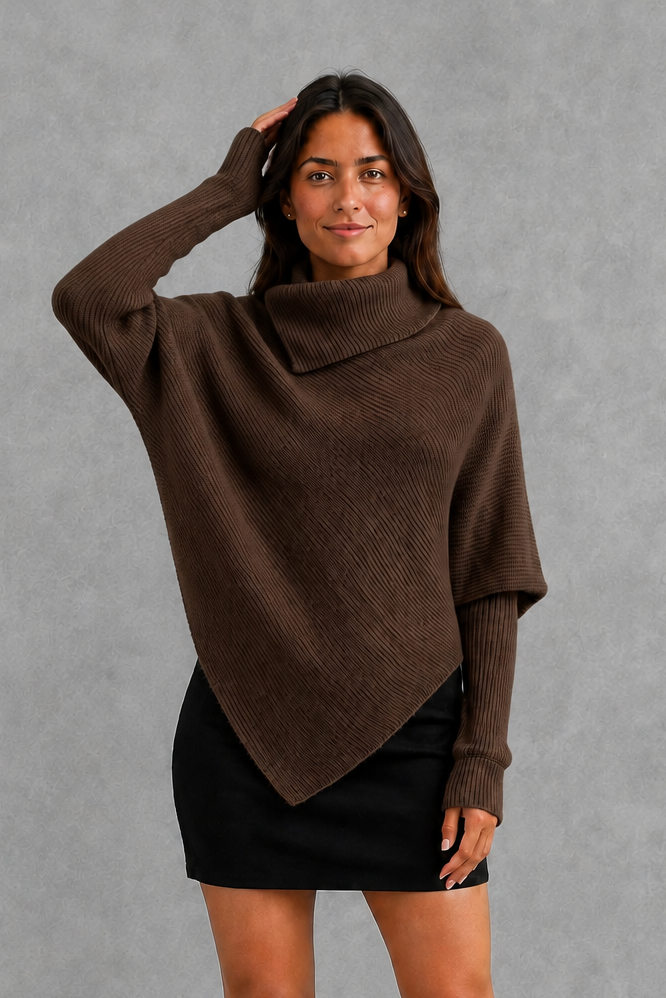 Women’s burgundy oversized batwing sweater with a cozy high neck, long relaxed sleeves, rib-knit texture and modern asymmetrical split hem.