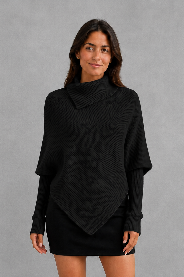 Women’s burgundy oversized batwing sweater with a cozy high neck, long relaxed sleeves, rib-knit texture and modern asymmetrical split hem.